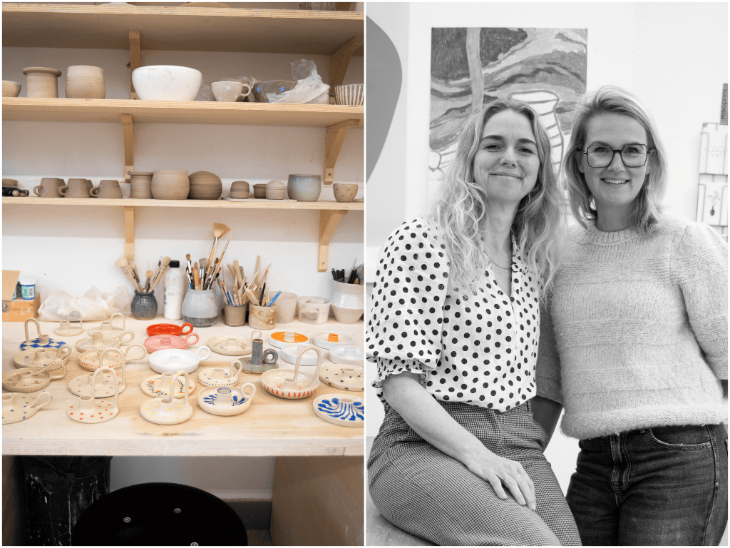 Handgemaakte kandelaar van klei met verf in warme winterkleuren, gemaakt tijdens een gezellige DIY-workshop met Margriet en Wimke.